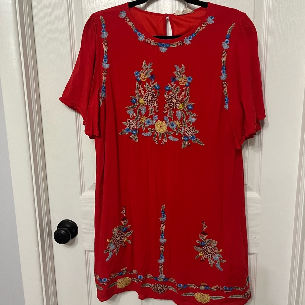 Entro Red Floral Embroidered‎ Short Sleeve Dress Prairie Boho large
